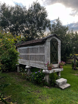 Traditional Galician horreo granary on Camino de Santiago, Spain