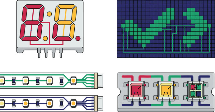 Collection of electronic LED components including seven-segment displays, LED strips, and integrated circuit chips