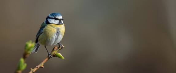 Blue Tit Perched on a Budding Branch with Soft Background Lighting © NeuralNiche
