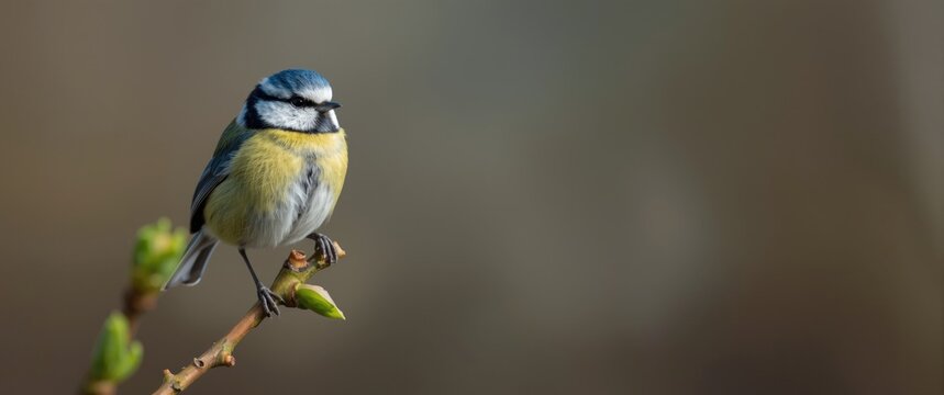 Blue Tit Perched on a Budding Branch with Soft Background Lighting