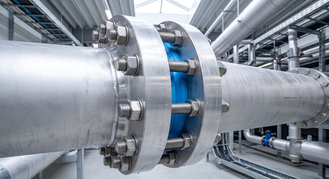 Industrial pipeline connection closeup with bolts and nuts, blue gasket providing seal.