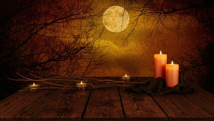 Candlelit Autumn Scene with Full Moon and Dark Tree Silhouettes © NeuralNiche