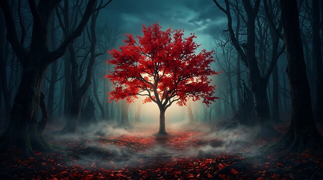 A glowing red tree in a dark misty forest landscape perfect for a spooky happy halloween holiday background