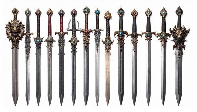 A collection of ornate medieval swords with decorative pommels and handles featuring intricate metalwork and gemstones on a white background.