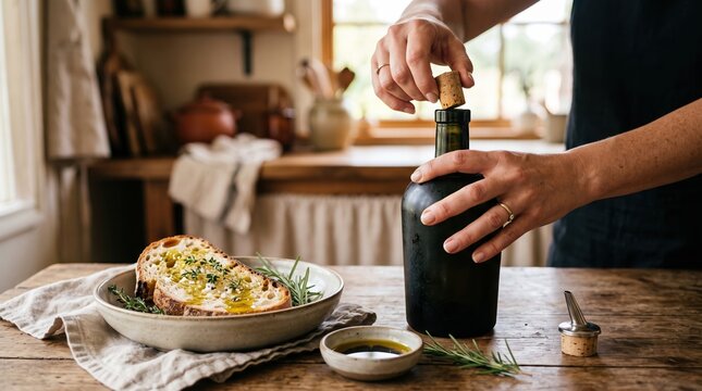 Hands Opening Olive Oil for Rustic Meal