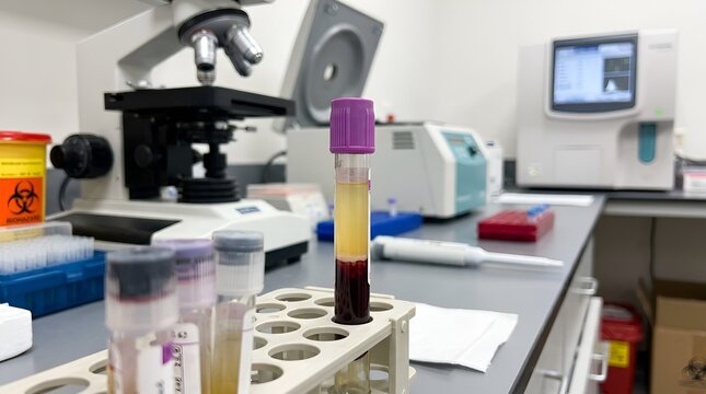 Medical Lab Test Tubes with Blood and Plasma, Microsope & Analyzer