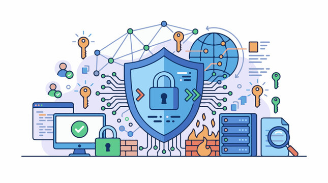 Digital shield protects data lock keys network globe firewall