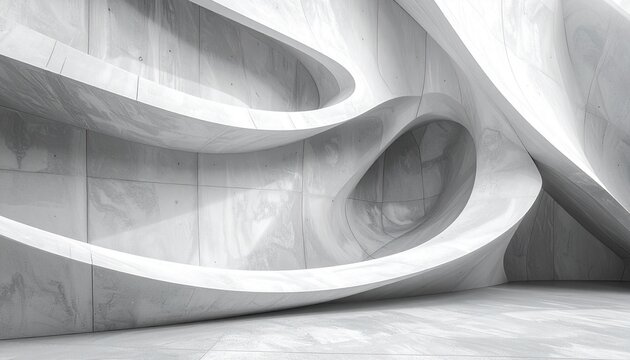 Abstract architectural background featuring smooth flowing white concrete walls with fluid curves and modern parametric design elements.