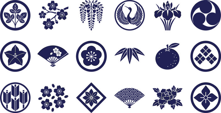 Traditional Japanese Kamon Family Crest Icon Set with Sakura Cherry Blossom, Crane, Folding Fan, and Floral Silhouette Blue Vector Elements