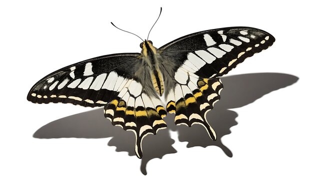 Beautiful swallowtail butterfly opening wings with shadow cut out isolated on white background. AI Generated.
