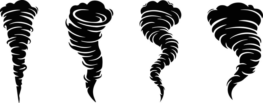 Set of four black silhouettes representing tornadoes and swirling vortex storms with hurricane disaster whirlwind silhouette isolated illustration