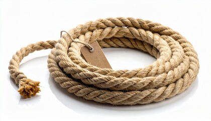 Obraz premium A thick rustic natural fiber rope coiled in a circle with a blank brown cardboard tag attached isolated on a plain white studio background.