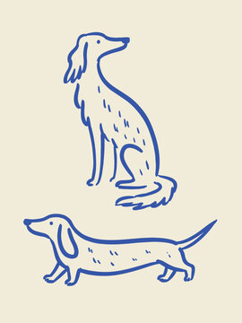 Afghan Hound and Dachshund Naive Doodle Vector Illustration