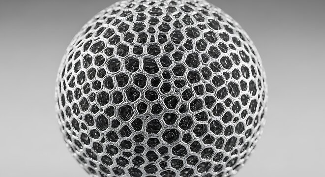 Geometric sphere with a leopard print pattern featuring hexagonal and circular shapes.