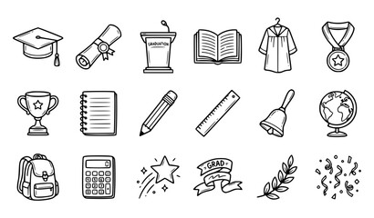Fototapeta premium Hand Drawn Graduation Doodle Icons with Diploma Scroll Cap and School Equipment Black White Vector
