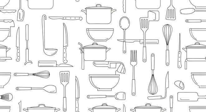 Seamless Pattern of Kitchen Utensils Line Art