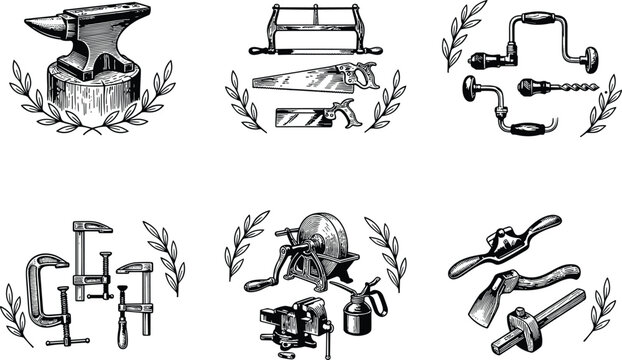 Vintage hand tools set with anvil saws hand drill clamps grindstone vice spokeshave engraving line art vector illustration.