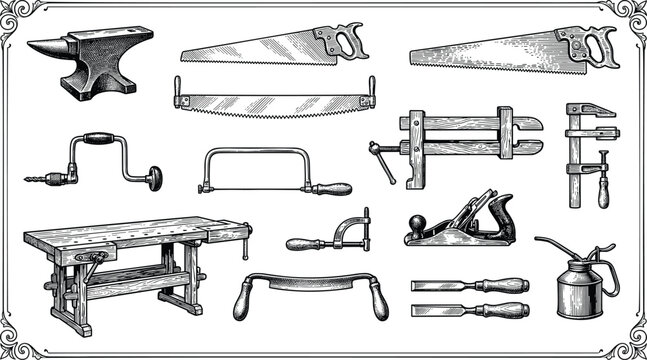 Vintage woodworking tools set with anvil saws hand drill workbench clamps hand plane chisels engraving line art illustration.