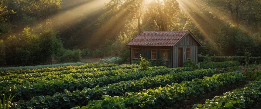 Sunlight Streaming Over a Serene Vegetable Garden with a Cottage at Dawn