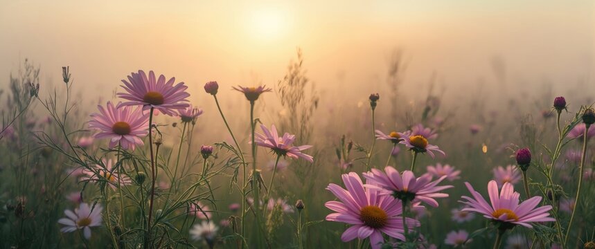 Pink Daisies Blooming in a Misty Field at Sunrise