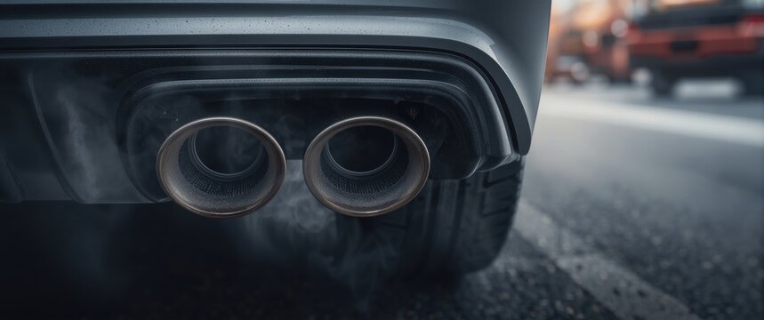 Car Exhaust Pipes Emitting Smoke on a City Street at Dusk