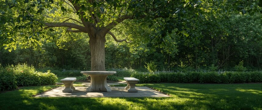 Large Tree Providing Shade Over Stone Table and Benches in Lush Garden Setting