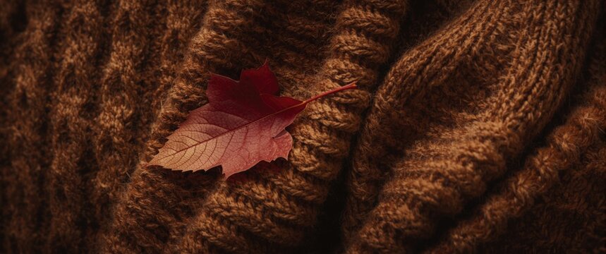 Red Maple Leaf on Textured Brown Knit Sweater in Warm Tones