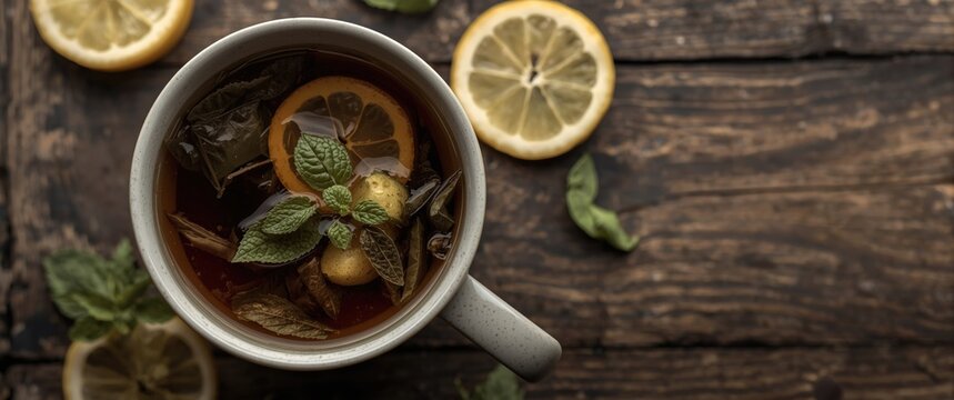 Cup of Herbal Tea with Lemon and Mint on Wooden Table