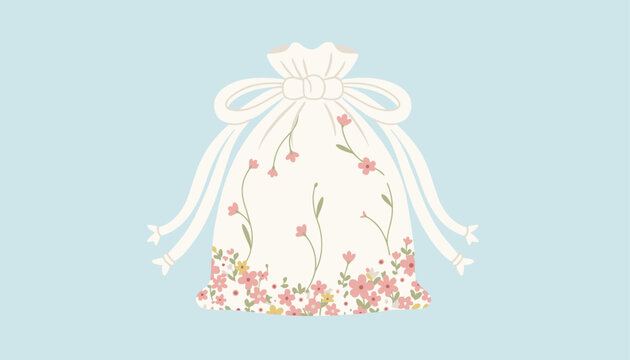 Charming fabric drawstring pouch with a delicate pink and green floral pattern isolated on soft blue background.