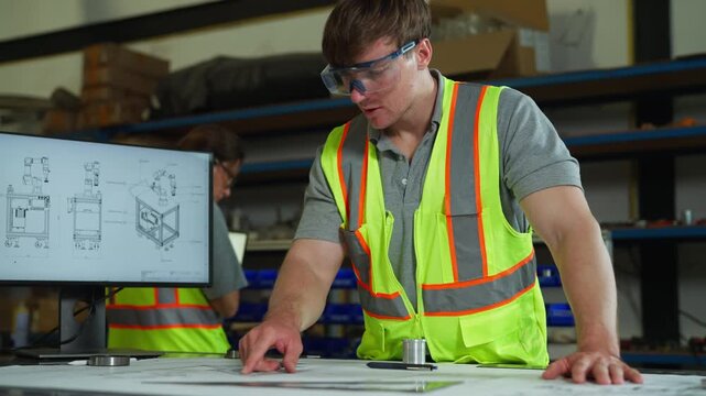 Analysing blueprint&mdash;architect and engineer examine structural design, measurement, control, technical details, project review at office desk.
