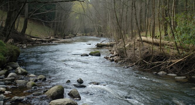 Calm River Flowing Through a Dense Forest in Early Spring