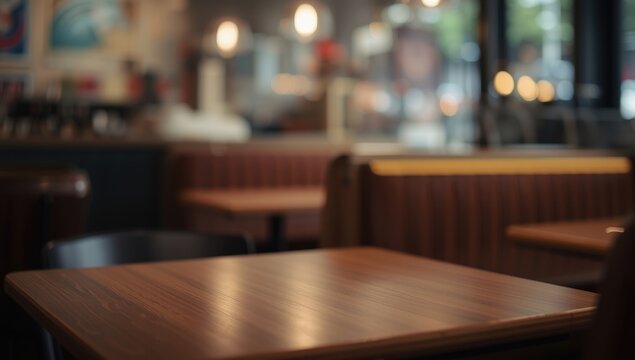 Empty wooden table in a cozy cafe setting