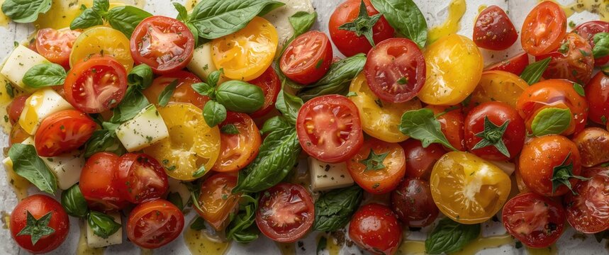 Cherry Tomatoes and Fresh Basil with Mozzarella on a Serving Tray