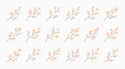 Fototapeta premium Seamless pattern of minimalist hand drawn botanical branches with small berries in pastel peach and beige colors on a plain light background for elegant wedding stationery or scrapbooking