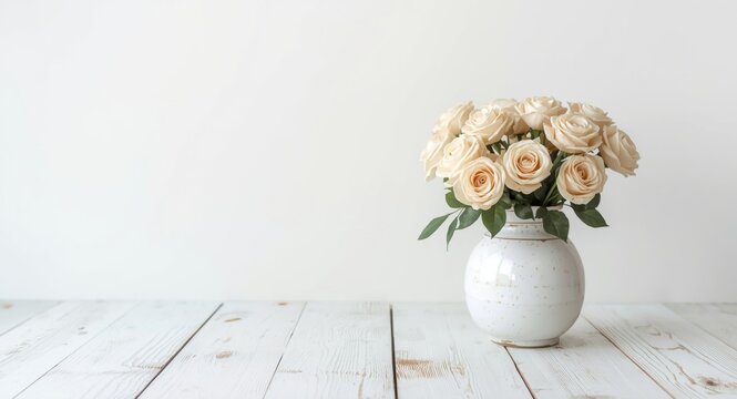Elegant Pastel Roses Arrangement in White Vase - Soft Minimalist Setting, Bright Light