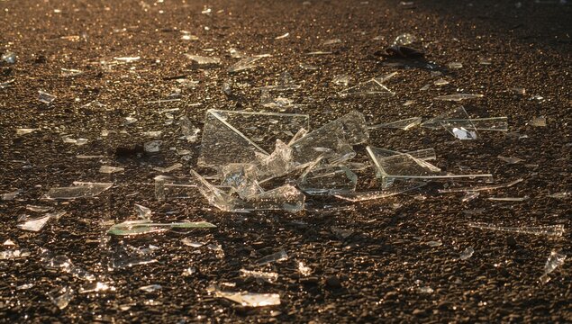 Shattered Glass Pieces Scattered on Paved Road During Sunset Light
