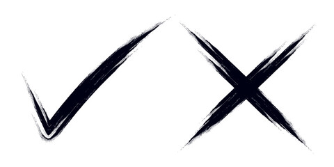 Check tick mark icon set. Cross box x check mark checkbox list vector draw hand drawn sketch doodle brush marker checklist symbol wrong right circle. hand drawn, grunge X sign. hand drawn tick mark. © Maidi