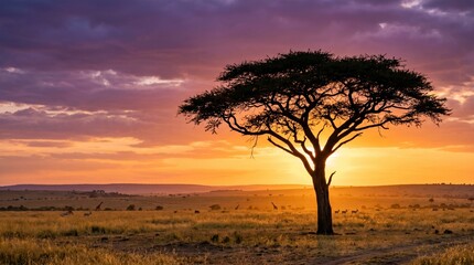 Wide view of a solitary acacia tree at sunset with giraffes grazing on the savanna plain © Zohaib Hassan