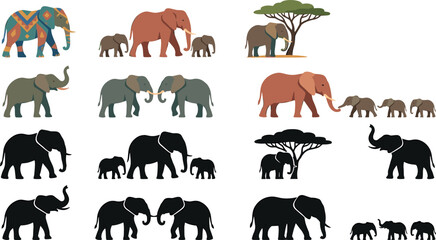 African Elephant Vector Icon Set with Detailed Flat Color Graphics, Family Herds, Acacia Trees, and Matching Black Silhouette Shapes © Nazma
