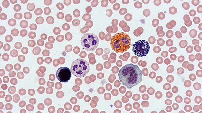 Microscopic view of human blood cells including various leukocytes and erythrocytes