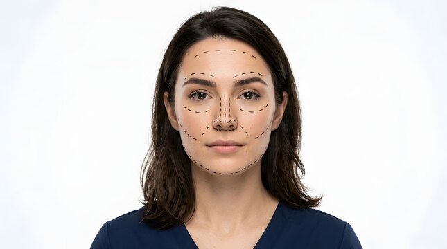 Facial analysis overlay woman's face with cosmetic procedure mapping for aesthetic enhancement