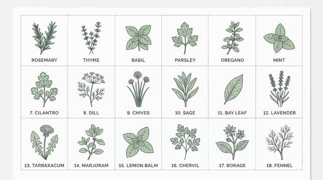 Botanical illustration set of various culinary herbs and edible plants featuring rosemary, thyme, basil, parsley, oregano, mint, cilantro, dill, chives, sage, bay leaf, lavender, and more