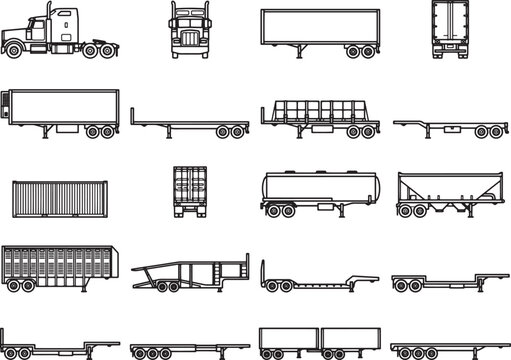 A comprehensive collection of detailed line drawings showcasing various types of truck trailers and their components, illustrating logistical and transportation solutions.