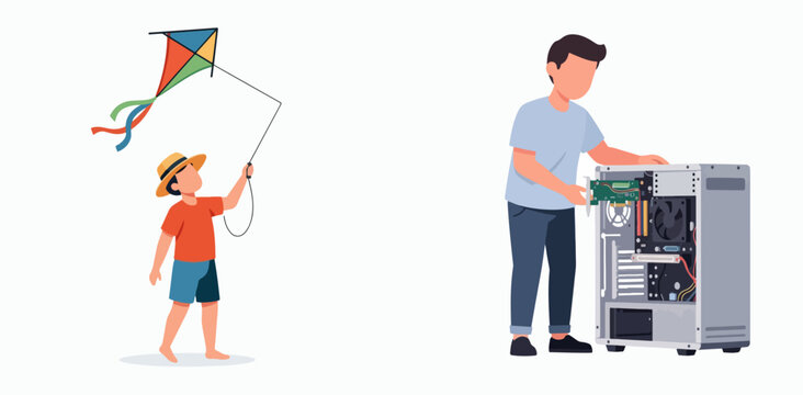 Adult teaching child about computer hardware while flying kite outside