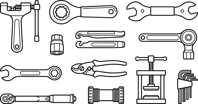 Bicycle repair tools set with chain breaker wrench tire levers cable cutter hex keys line art vector illustration.