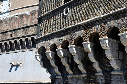 Castel Sant'Angelo or Castle of the Holy Angel in Rome, Italy. brick and stone castle and fort. historic landmark building. brick arches and bastion. mausoleum of Emperor Hadrian. tourist attraction.