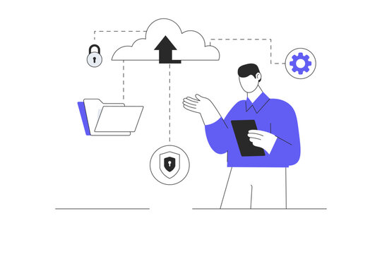 Cloud Infrastructure Management and Enterprise SaaS Platform. Male Specialist Holding Tablet near Cloud Server Storage and File Directory. Flat Cartoon Vector Illustration, icon Stylish abstract web