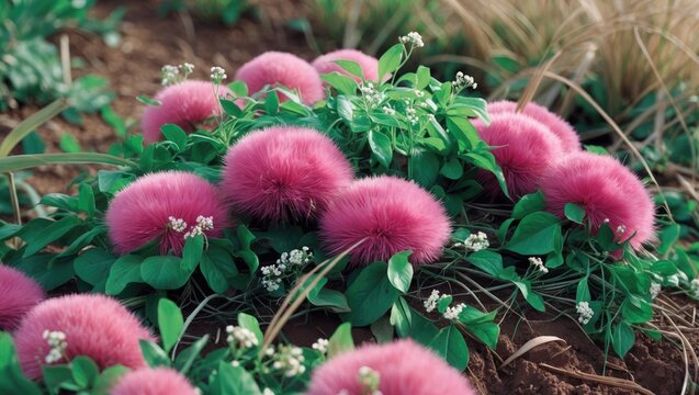 Wild sprouting mimosa pudica weed flowers in the meadow.
