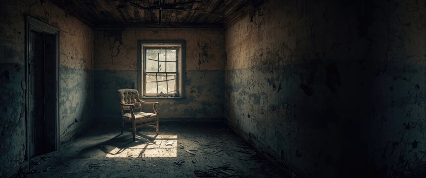 Abandoned Room with an Empty Chair and Dusty Sunlight Streaming Through the Window