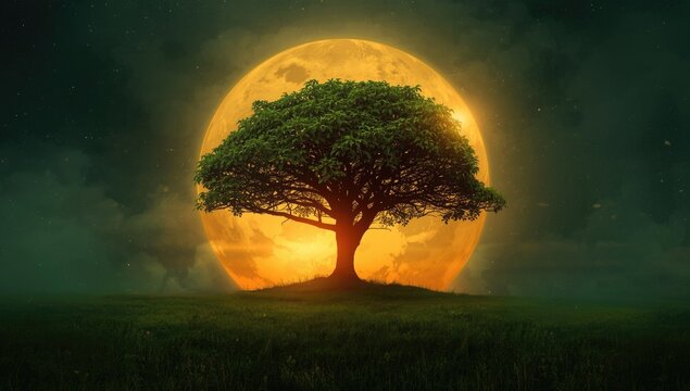 Majestic Tree Silhouette Against Full Moon - Night Landscape, Ethereal Glow